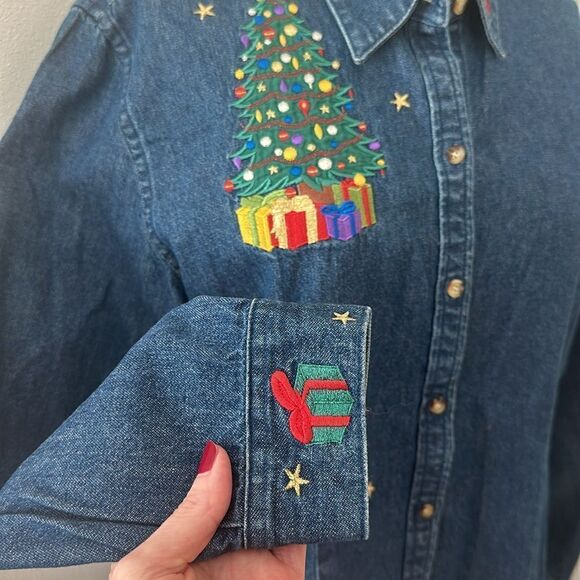 Jean denim Christmas holiday button up down shirt XL embroidered XL cotton - Picture 3 of 7